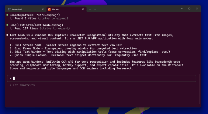 Claude Code asked to describe Text Grab saying it is a WPF Windows OCR app