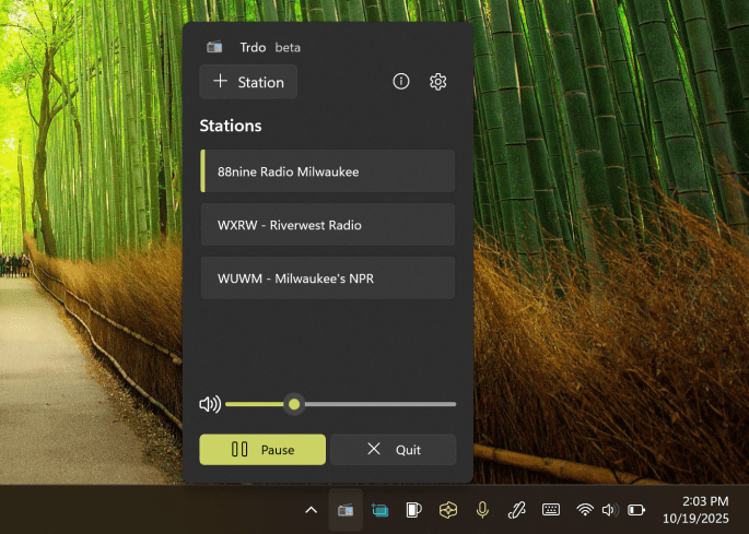A screenshot of the Trdo tray flyout